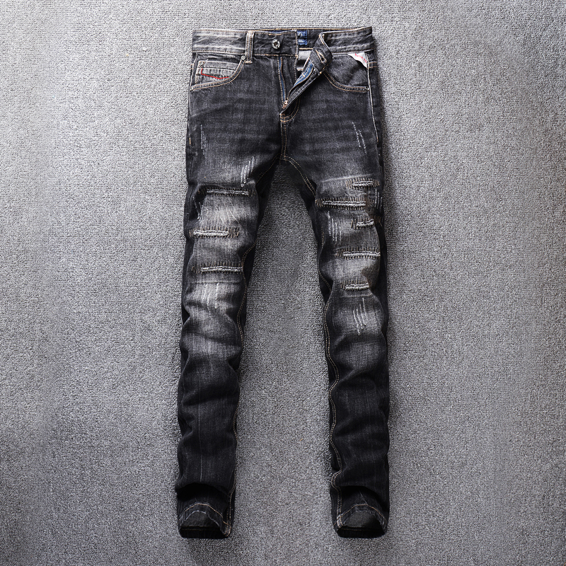 

2021 New Estilo Italiano Moda Masculina Preto Cinza Do Vintage Designer Destrudo Rasgado Bordado Retalhos Hip Hop Jeans Magros Mn7y, Black gray