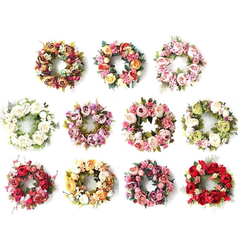 

16in Peony Wreath Artificial Flower Door Wreath with Green Leaves Spring, Pl
