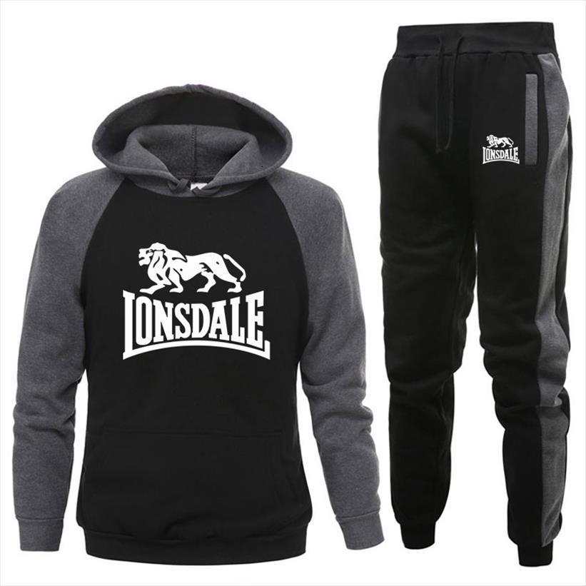 

autumn and winter lonsdale men tracksuit sports hoodies casual suit brand hoodie trousers two piece sets, Gray