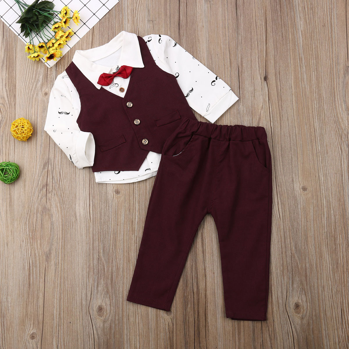 

4pcs Gentleman Kid Baby Boy Formal Clothes Suits Waistcoat+Tie+Print Shirt+Pants Outfit Clothes Suit Set, White