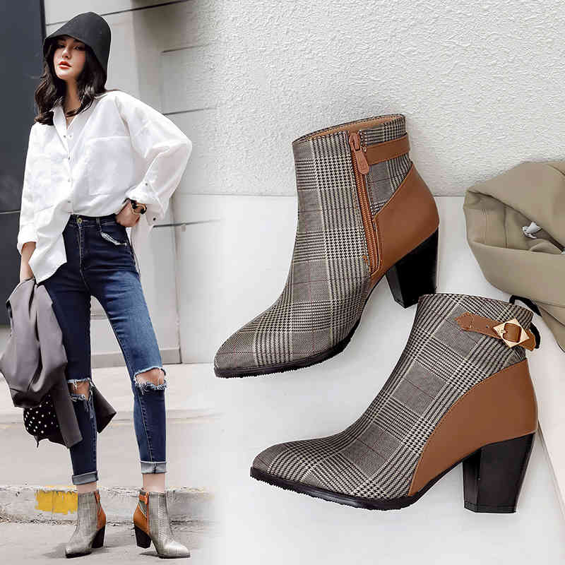 

boots ins women ankle boots plus size 22-28 cm europe and america microfiber 's high heel plaid retro winter xkxt, Black