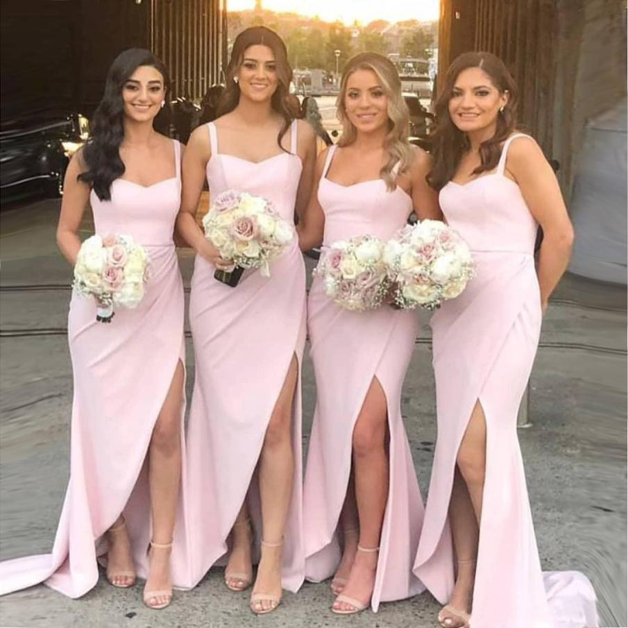 

2021 Hot Pink Front Side Split Mermaid Bridesmaid Dress Long Spaghetti Neck Covered Zipper Back Maid of Honor Gowns Customize