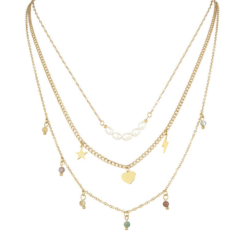 

Chokers Stainless Steel Three Layered Jewelry Chain Necklace Elegant Star Heart Stone Pearl Collar For Women Girls Gift