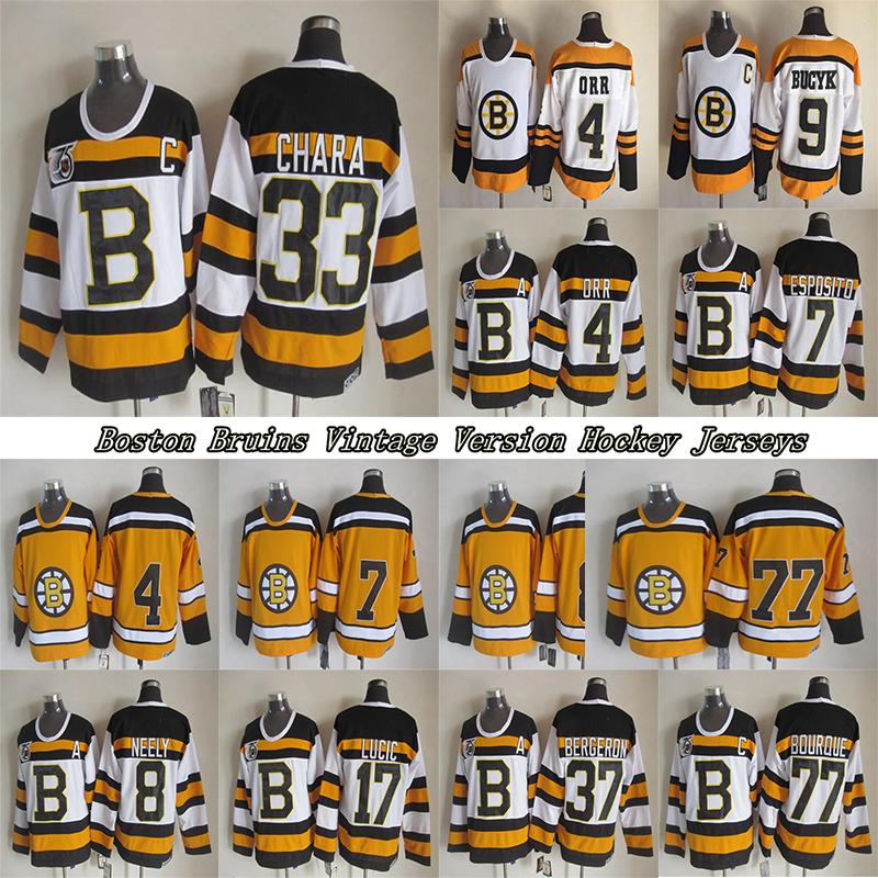 

Boston Bruins CCM Vintage jerseys 33 CHARA 4 ORR 8 NEELY 37 BERGERON 77 BOURQUE 17 LUCIC 12 OATES Men's Hockey Jersey, Black;red