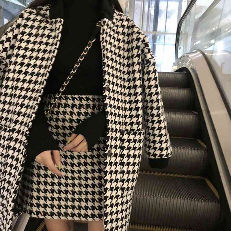 

Black and white houndstooth jacket women' autumn winter woolen cashmere stitched nine-quarter sleeves 210525, Coat