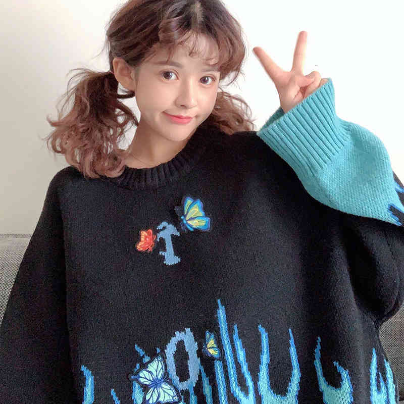 

Women's Sweaters Autumn fashion and winter is called butterfly letter embroidered loose sweater lazy couple women's clothes NMF8, 1# shoe box