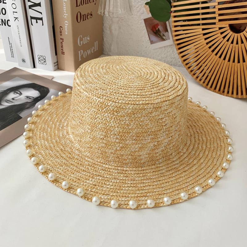 

Berets Fashion Summer Women Natural Straw Hat With Pearl Decor Belt Elegant Travel Beach Sunhat Visor Caps Casual Panama Boater, F0199-1