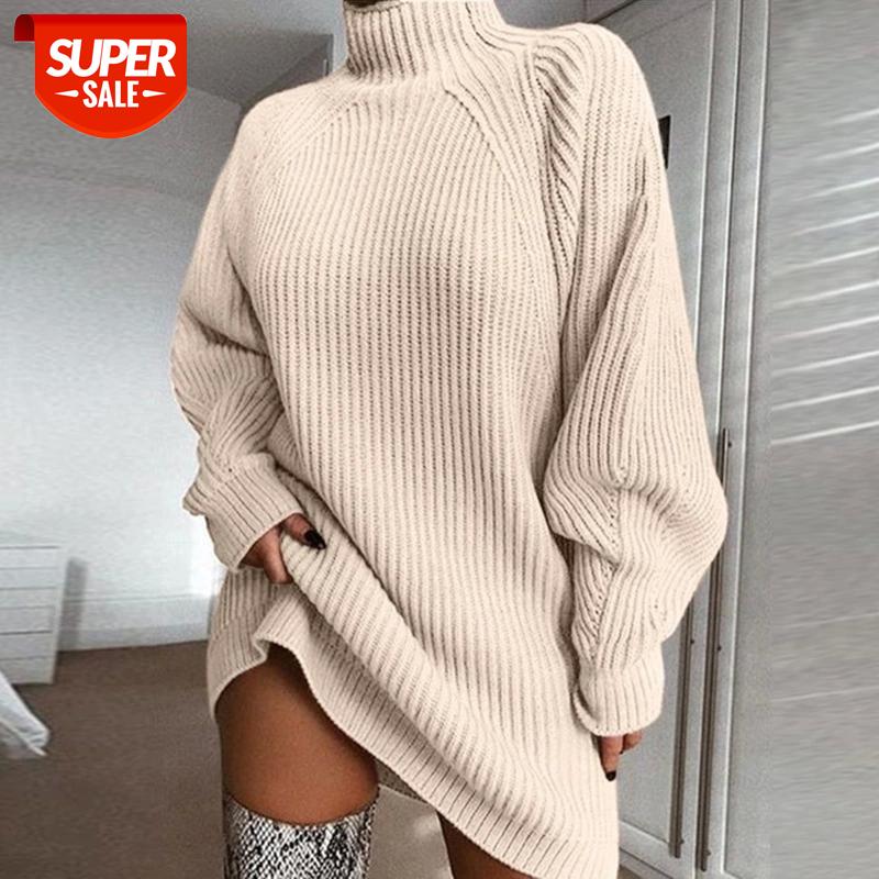 

Turtleneck Long Sleeve Sweater Dress Women Autumn Winter Loose Tunic Knitted Casual Pink Gray Clothes Solid Dresses #Jz13, Black;gray