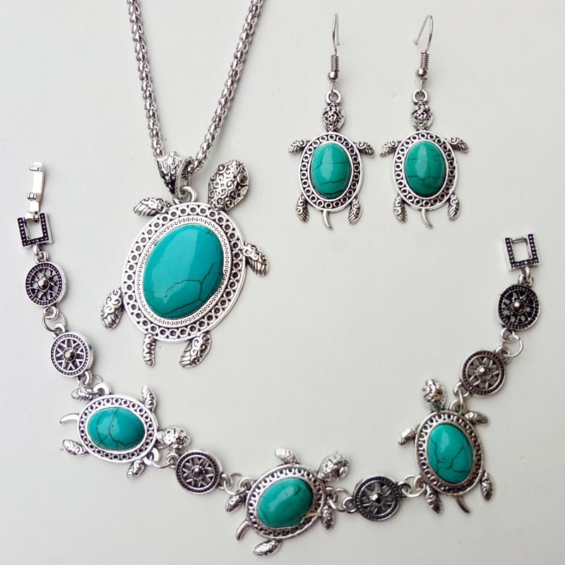 

Earrings & Necklace Boho Female Turquoise Jewelry Set Charm Silver Color Dangle Earring For Women Cute Sea Tortoise Bracelet Wedding Chain