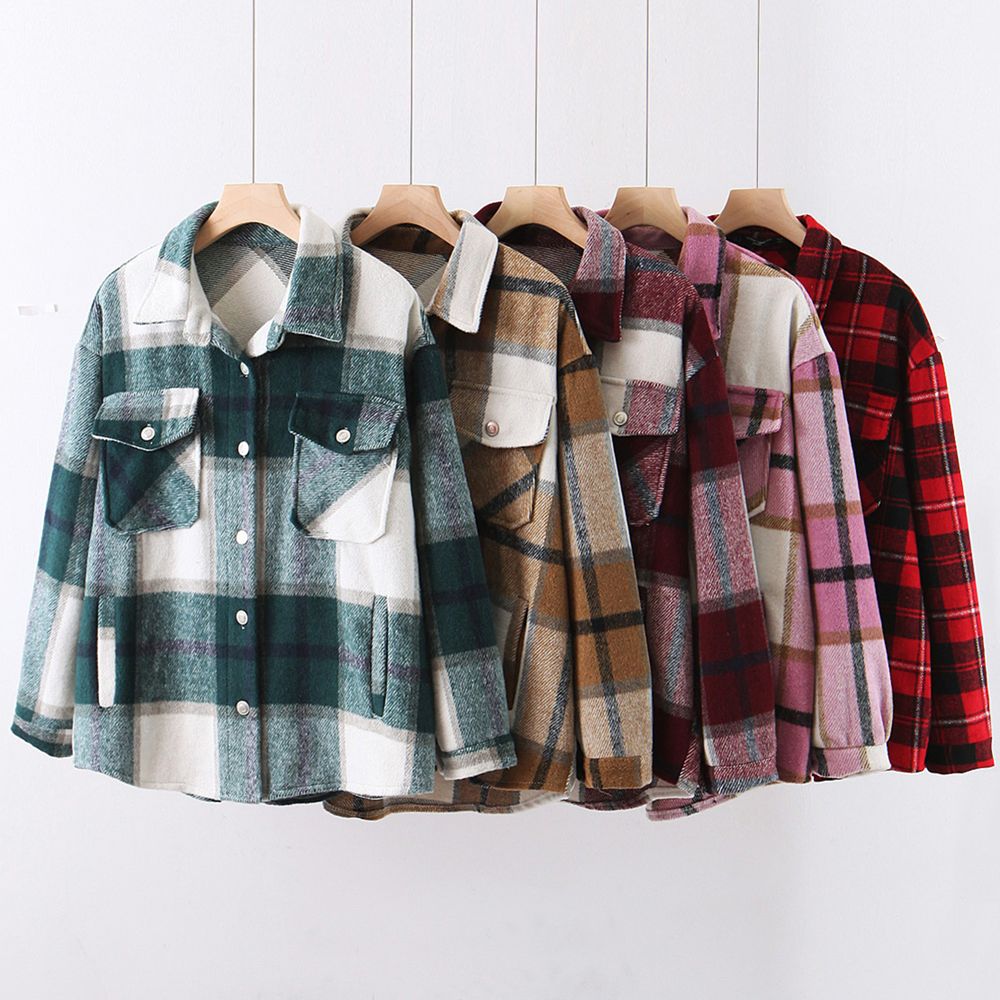 

2021 New Vintage Stylish Pockets Plaid Print Jacket Women Autumn Spring Lapel Collar Long Sleeve Button Loose Jackets Outerwear Chic Tops S9, Wine red