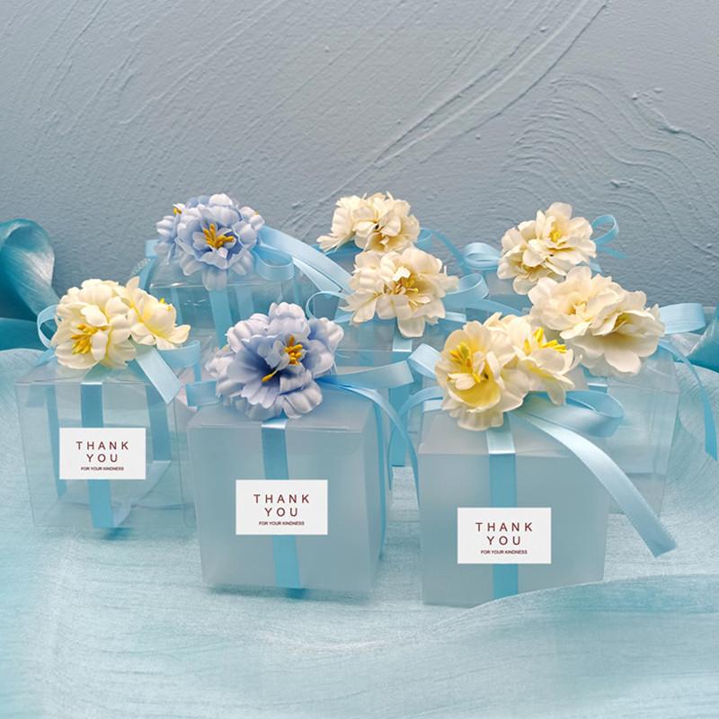 

Gift Wrap 10/20/30/50pcs Matte PVC Dragee Box For Wedding Artificial Flower Blue Ribbon Boxes Anniversary Communion Details Guests