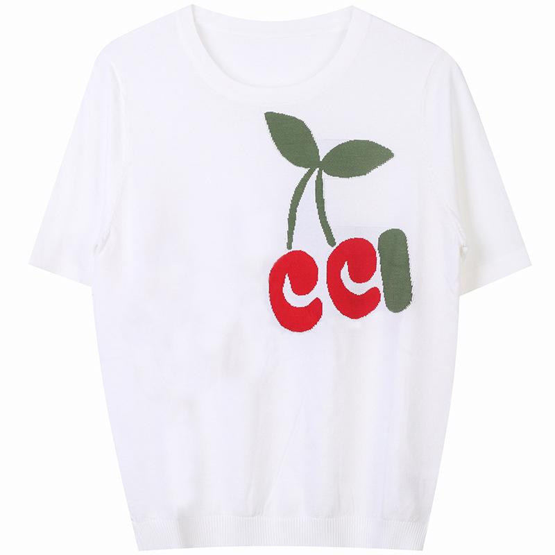 

Spring and summer Women's TShirts short sleeve contrast color flower embroidery pullover round neck thin knit top, White