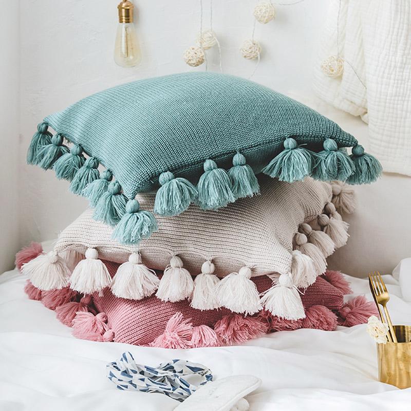 

Cushion/Decorative Pillow Knit Pure Cushion Cover Acrylic Ball Tassel Home Sofa Bed Room Textile Adult Child Lover Beauty Dec Wholesale FG81