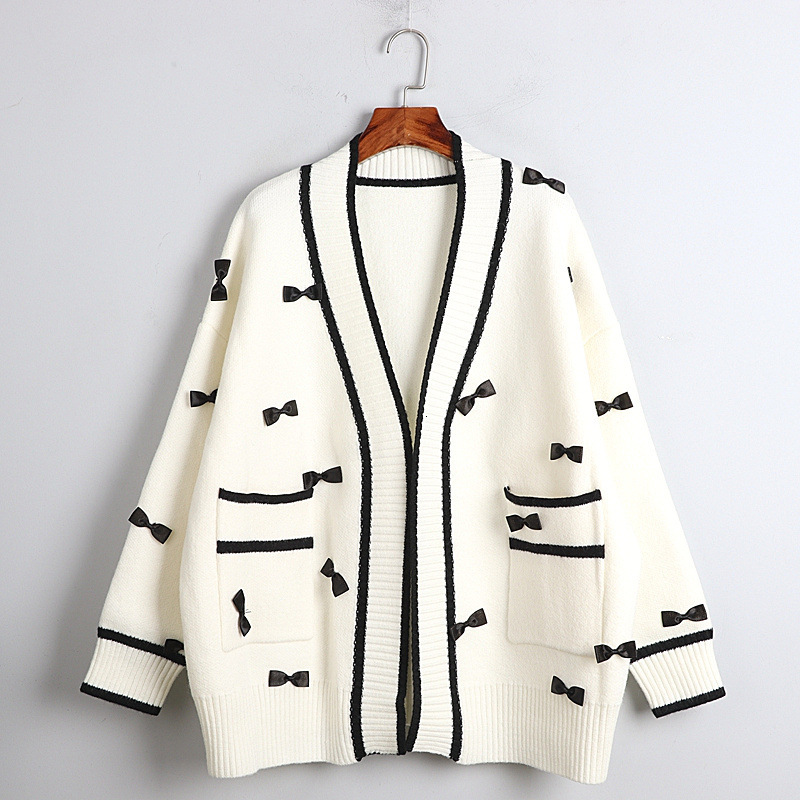 

2021 New Autumn Female Streetwear Knitted Cute Cartoon Sweater Print v Neck Cardigan Women's Jacket 4ekr, Beige