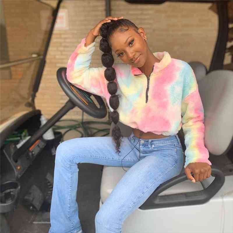 

tie dye plush zipper pullover streetwear sweatshirts long sleeve kpop clothes autumn winter women casual crop top, White;black