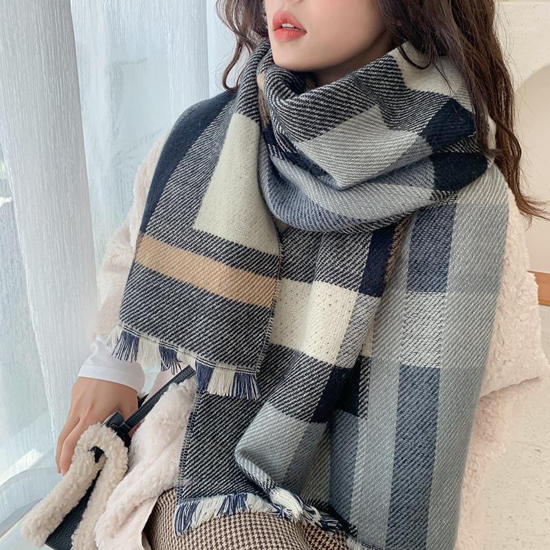 

Scarves Winter Imitation Cashmere Korean Double-sided Plaid Shawl Thickened Dual-use Versatile Woman Scarf Cloak Warm, Blue;gray