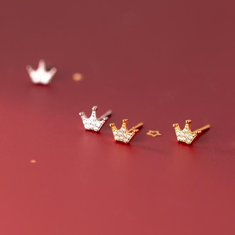 

Stud Real 925 Sterling Silver Small Tiny Earrings For Women Kids Girls CZ Zircon Crown Cute Earings Fashion Jewelry Ladies Gifts, Golden;silver