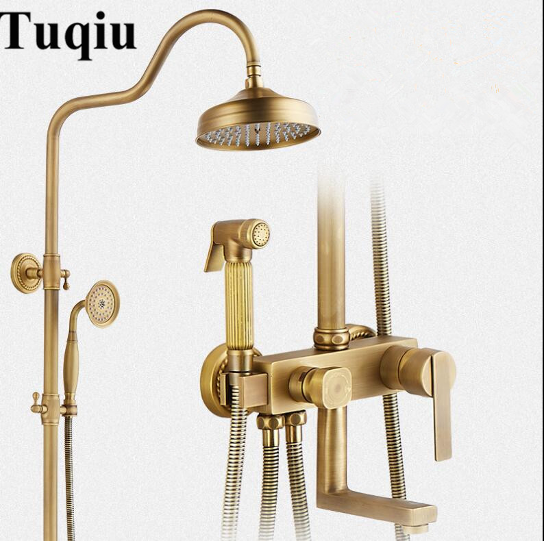 

2021 New Luxury Bathroom Bronze Square Rain Antique Brass Bath & Shower Faucet Set, Wall Mounted F3l9