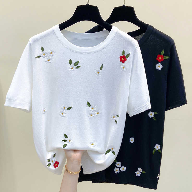 

M- plus size embroidery women sweater pullover short sleeve o neck flower kintting female whine t-shirt thin jumper 210604, White