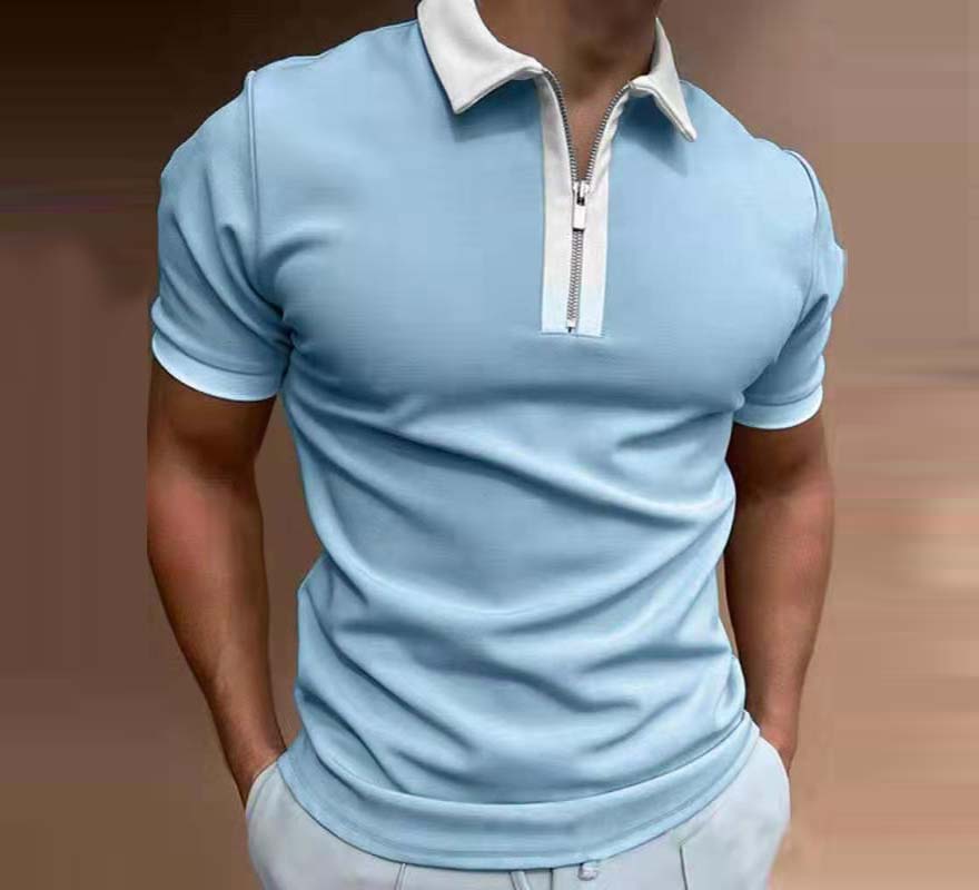 

Casual Summer Daily Men's Clothing Shirts Turn-down Collar Zipper Design Short Sleeve Tops Dress Shirt, Pls-5 light blue