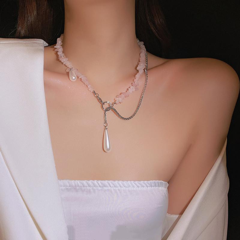 

Chokers Minar Sweet Pink Color Stone Strand Necklaces For Women Lady Waterdrop Natural Freshwater Pearl Pendant Necklace Gifts