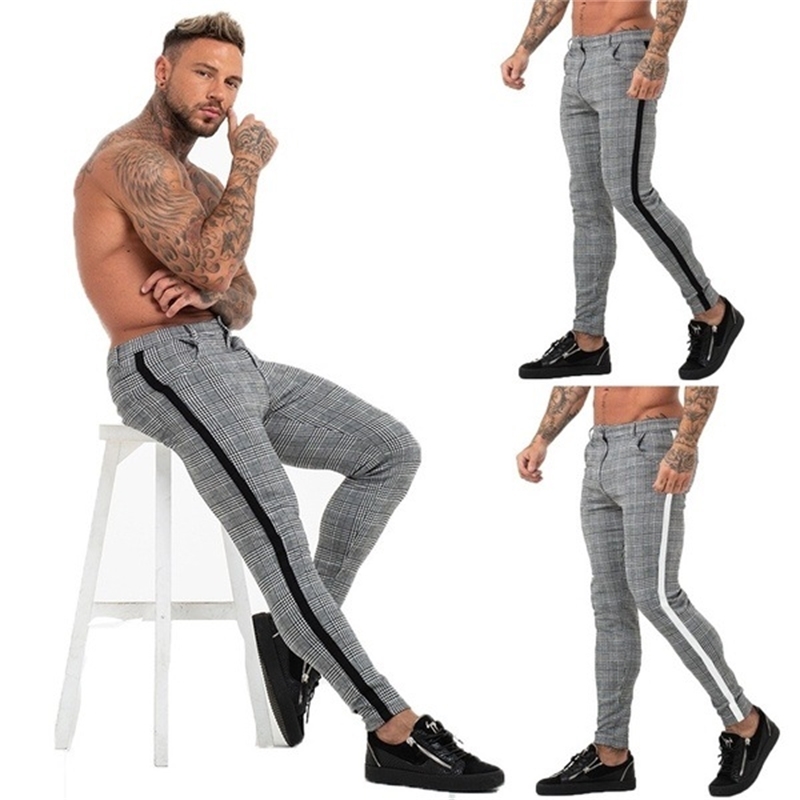 

2019 street fashion Plaid casual men's small foot strip pants, Black