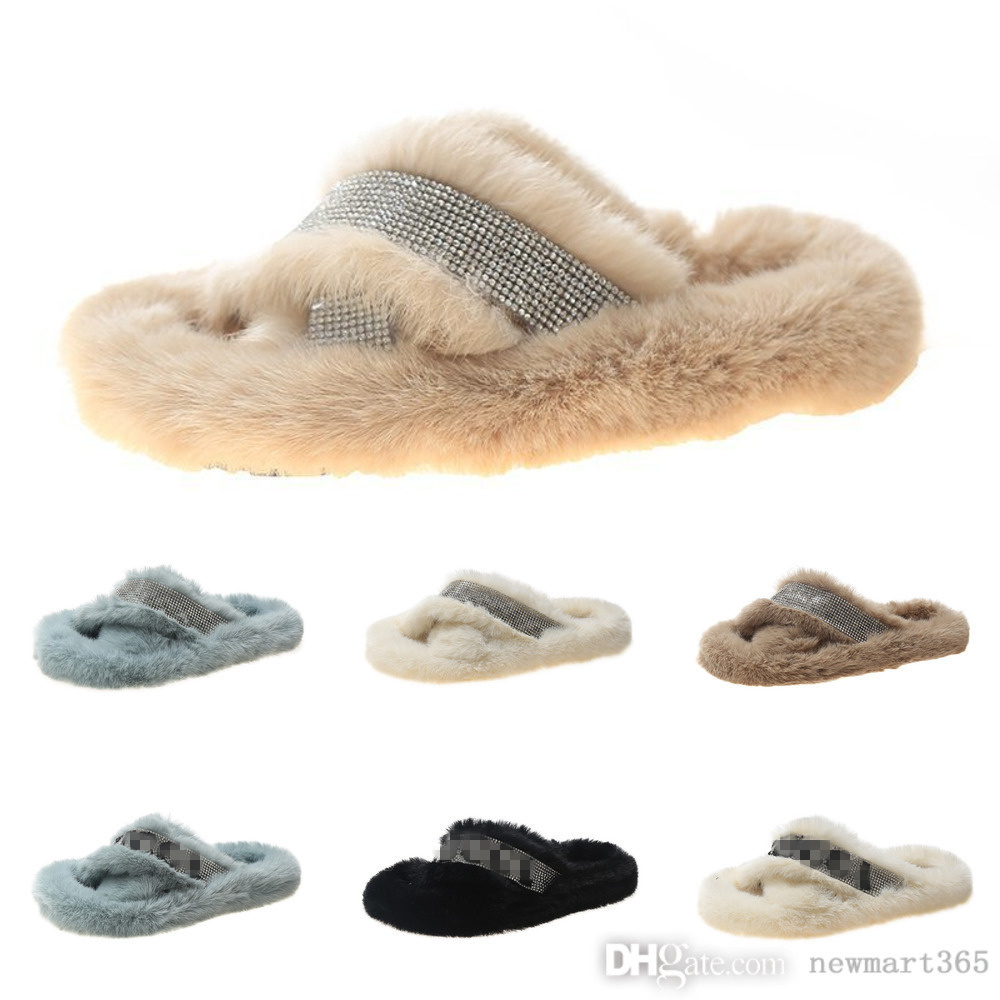 

Designer Women Plush Slippers Water Drill Or Leteers Slides Cross Flat Bottomed One Line Shape Outer Wear Thick Shoes, Blue