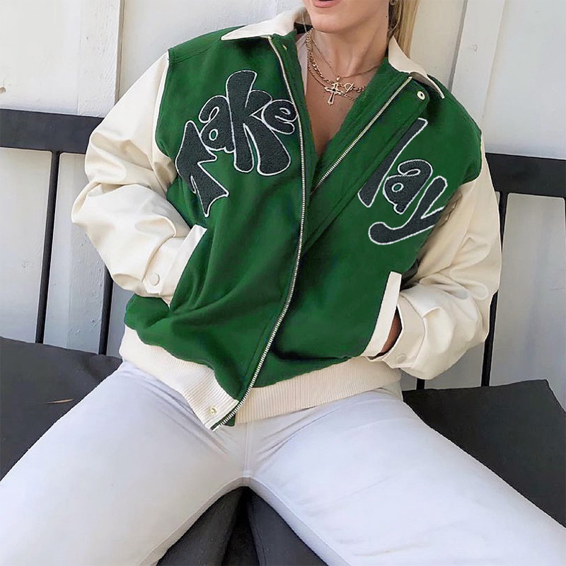 

women's jackets outono mulher impresso carta verde bombardeiro jaqueta feminino streetwear tomar um jogo solto turn down collar zÃ­, Black;brown