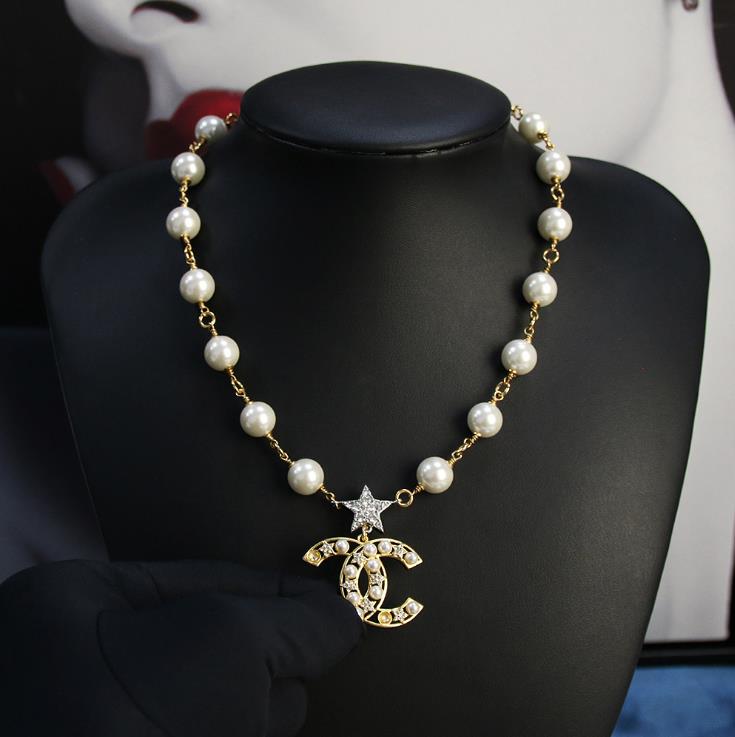 

New pearl necklace Korean style diamond set Pentagram letter Pendant Necklace