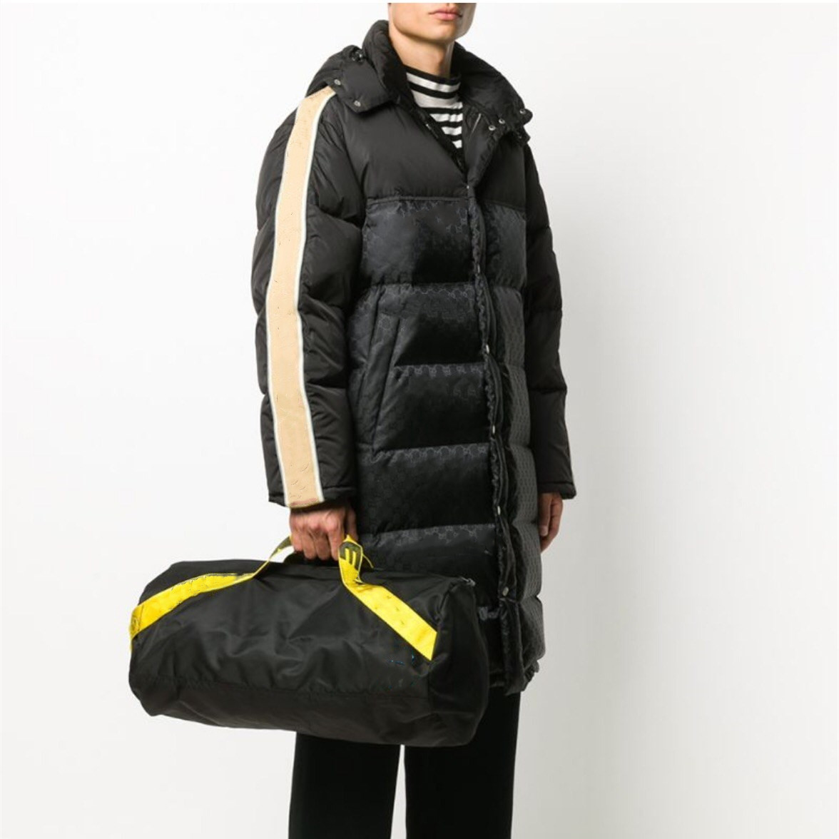 

Men Jacquard Nylon Padded Down Coat Bright Reflective Strap Removable Hoodies Outwear Designer Women Snap Button Zip Closure Knit Rib Black Winter Jacket, Jacket dustbag