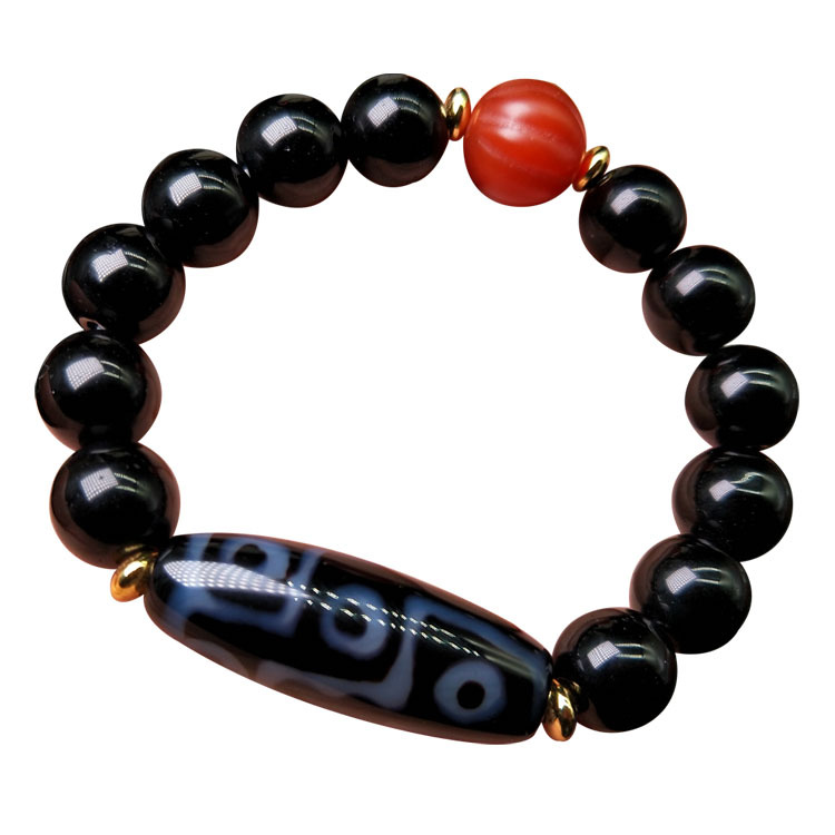 

Natural nine eyes dzi bracelet black agate bangles with 14mm beads women bracelets jade jewelry real jadeite jade bangle