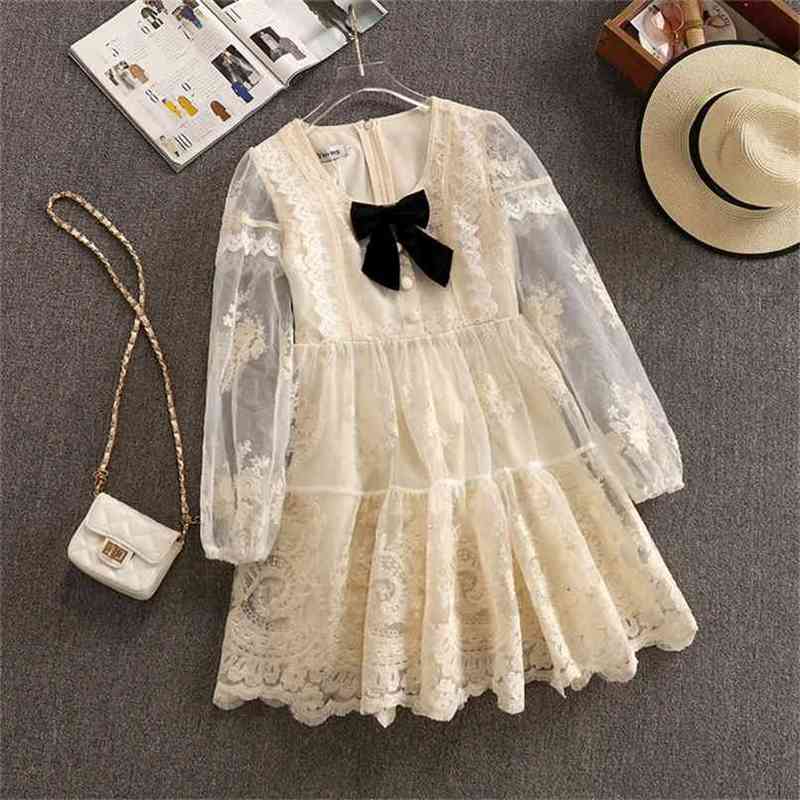 

High Quality Embroidery Lace Dress For Women Sweet Square collar BowKnot Long Sleeve A-line Short 210602, Picture color