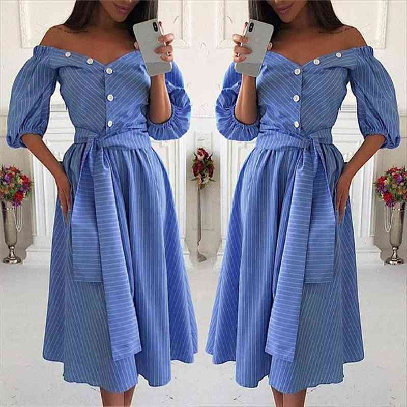 

Women Blue Striped Sash Tie Up Ladies Off Shoulder Loose Knee-length Dress Summer Fashion Beach Dress Elegant Women Clothes, Black;gray