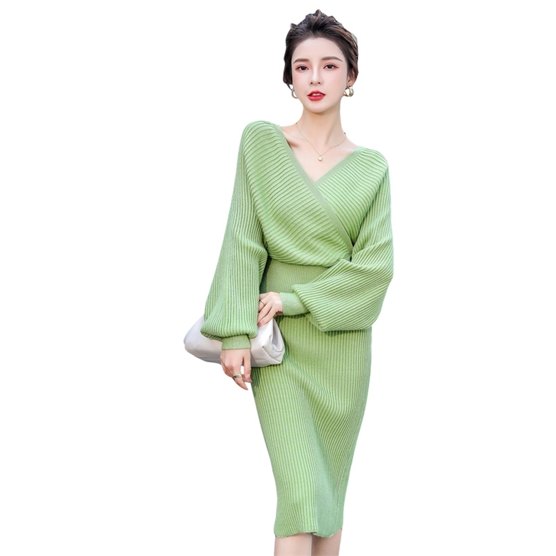 

Green winter Sweater Knitted Suit 2 piece set ladies Korea Loose Long Sleeve V neck Off shoulder Midi Skirt Party night Set 210602, Fruit-green