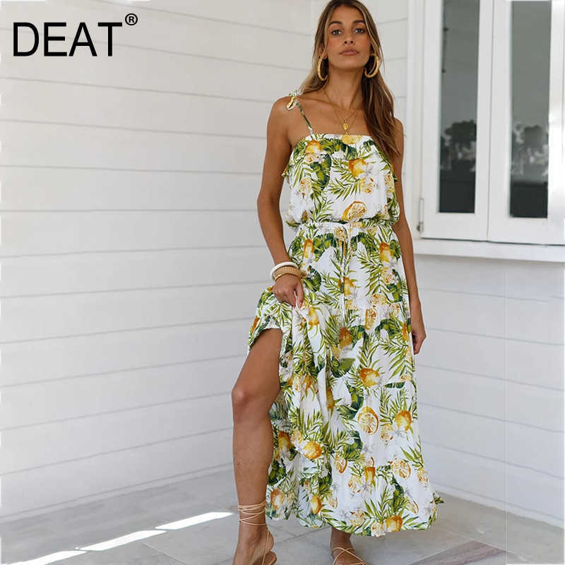 

[DEAT] Women Temperament Elegant High Waist Knee-length Sleeveless Printing Tube Top Strap Dress Summer Fashion 13C587 210527, Picture color