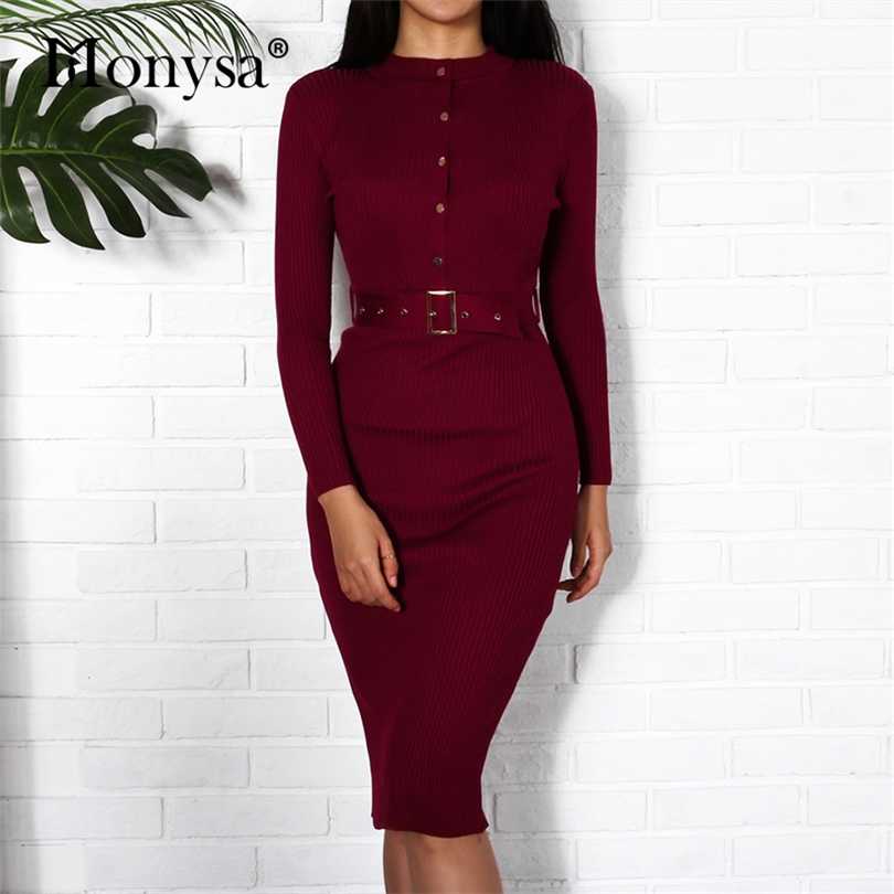 

Women Midi Sweater Dress Autumn Winter Fashion Button Long Sleeve Pencil Knitted Bodycon Black Red 211110, Beige