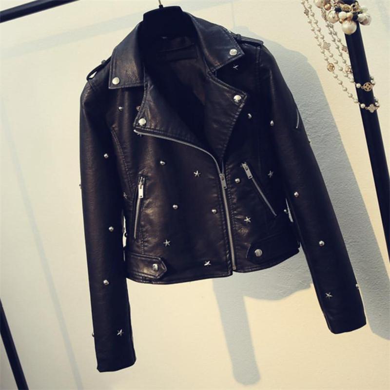 

Women' Leather & Faux Autumn And Winter Pu Jacket Coat European American Fashion Handsome Wild Star Rivet Black Washed Short Female