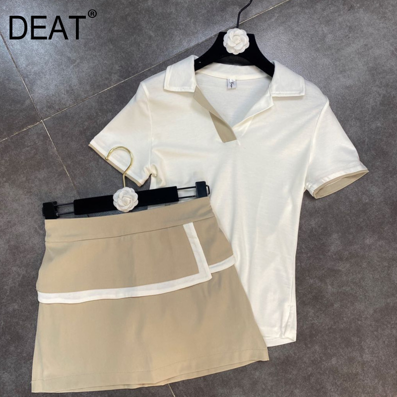 

Set Polo Collar Short Sleeves Pullover T-shirt And Mini Skirt Two Pieces WS30204L 210525, Creamy-white