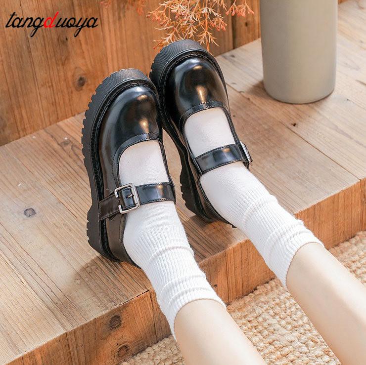

2021 New Japanese Girls Vintage Buckle Mary Janes Shoes Thick Bottom Women Shallow Mouth Casual Student Retro Leather Shoes, Black