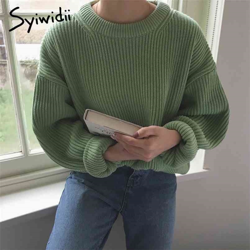 Syiwidii Autumn Winter Woman Sweaters Green Vintage Pullovers Long Sleeve O-Neck Knitted Harajuku Oversized Pink Jumpers 210917