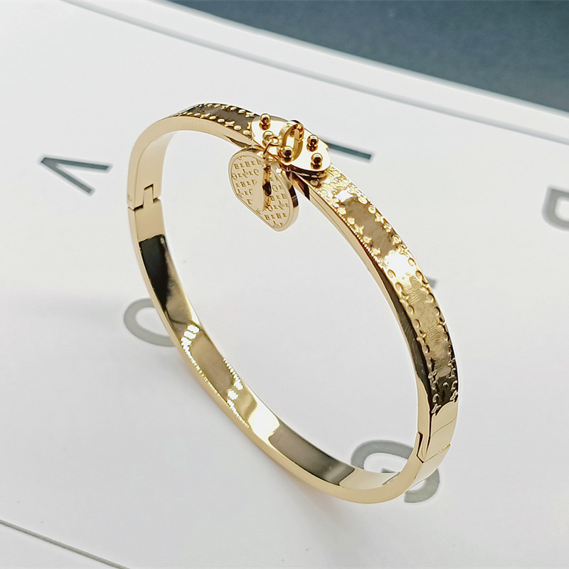

Golden rose flower titanium steel Bangle bracelet women's grass key card lock designer classic luxury anniversary wedding couple gift jewelry