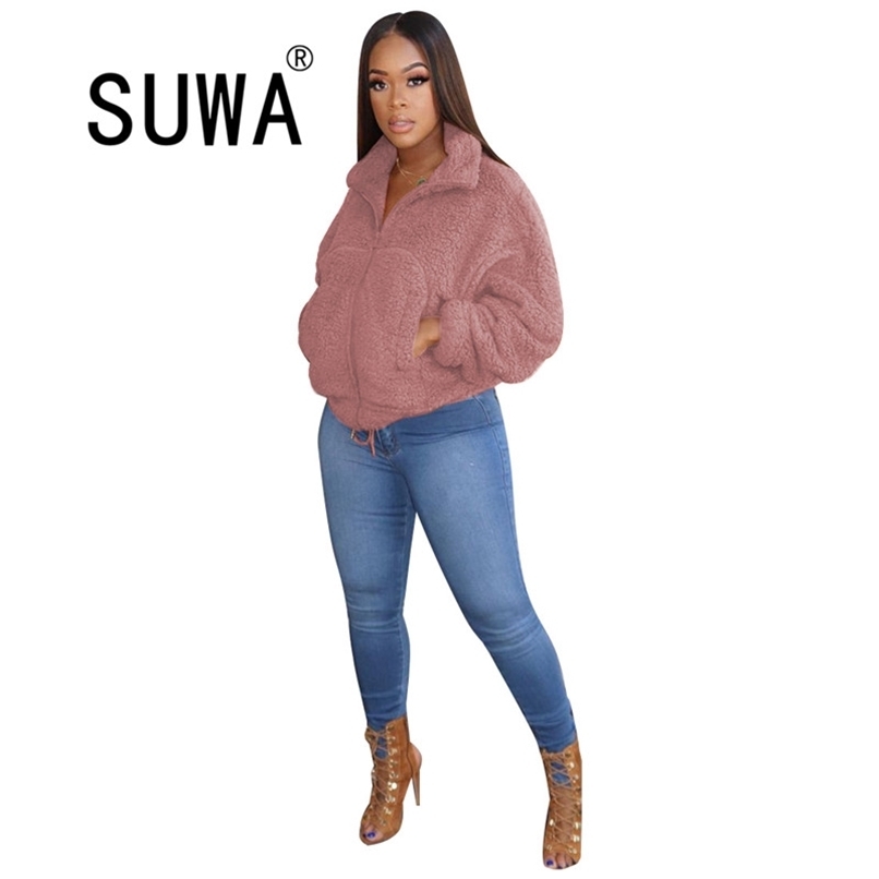 

Fall Winter Women's Coat Fashion Casual Stitching Warm Ladies Clothes O Neck Zipper Lamb Hair Women Jacket 210525, Pink