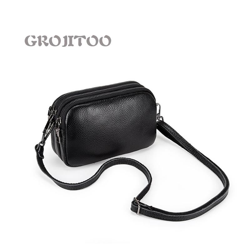 

GROJITOO New women's multi-layer function single shoulder bag genuine leather handbag for women zipper messenger bag 380, Black