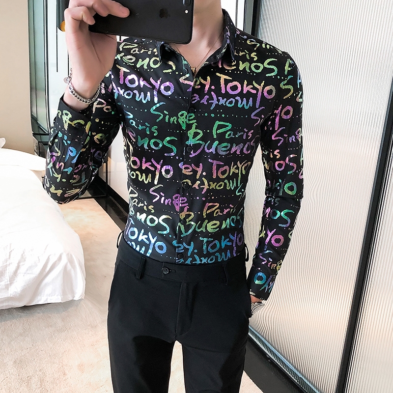 

2021 Colored Mode Printing Men's Shirt Autumn New Long Sleeve Slim Fit Casual Shirts Men Streetwear Clothes 3xl 6ay2, As the photo show