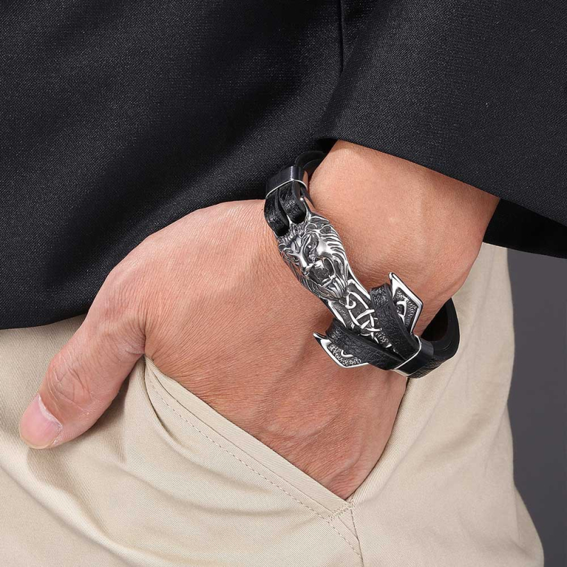 

Classic Design Stainless Steel Lion Head Anchor Charm Black Leather Bracelet