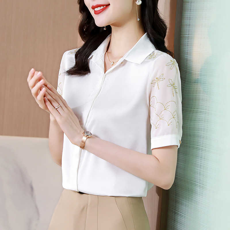 

Fashion Women' Shirt White Button Blouses for Women Embroidered Female Tops Polo Neck Office Lady Woman Basic  210604