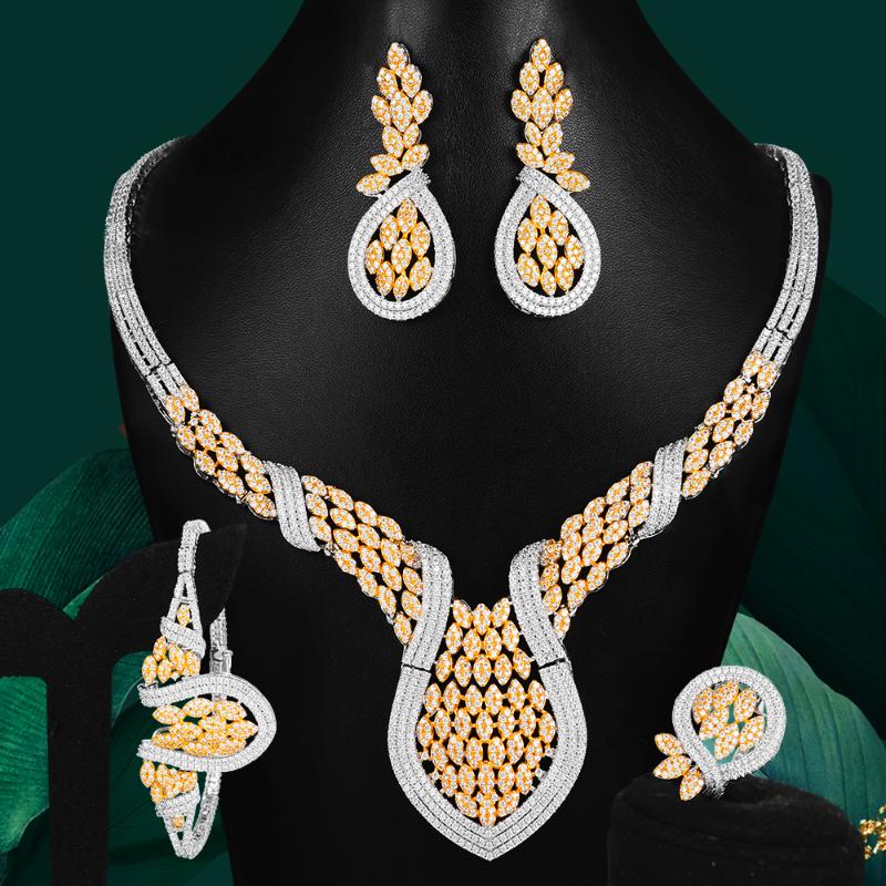 

Earrings & Necklace GODKI Big Fashion Luxury 4PCS Bicolor Leaf Nigerian Jewelry Sets For Women Wedding Zircon African Bridal Set 2021, Silver