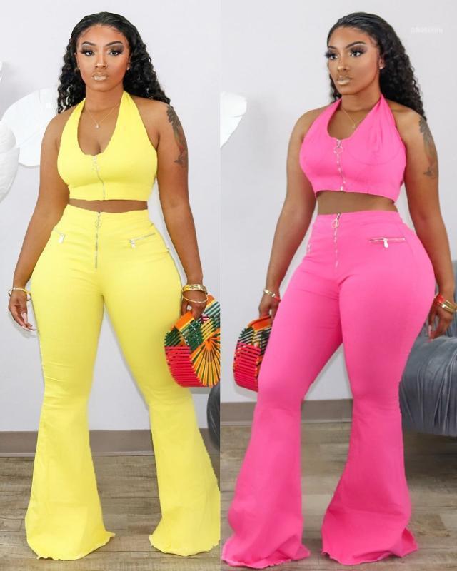 

Summer 2 Piece Set Tracksuit Solid Color Women Halter Neck Crop Tops And Flare Pants Suit Two Matching Fitness Outfit1, Gray