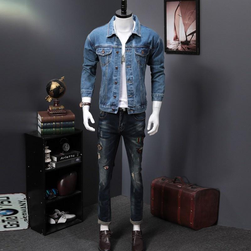 

Men's Jackets Fashion Printed Mens Spring Personality Washed Denim Moto Biker Long Sleeve Single Breasted Slim Male Coats Plus Size, Blue
