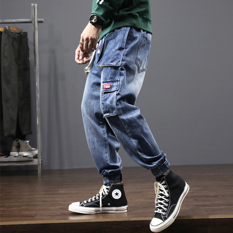 

2021 New Japanese Style Fashion Dark Blue Multi Pockets Cargo Pants Loose Fit Slaco Bottom Streetwear Hip Hop Jeans Men Joggers P6ku